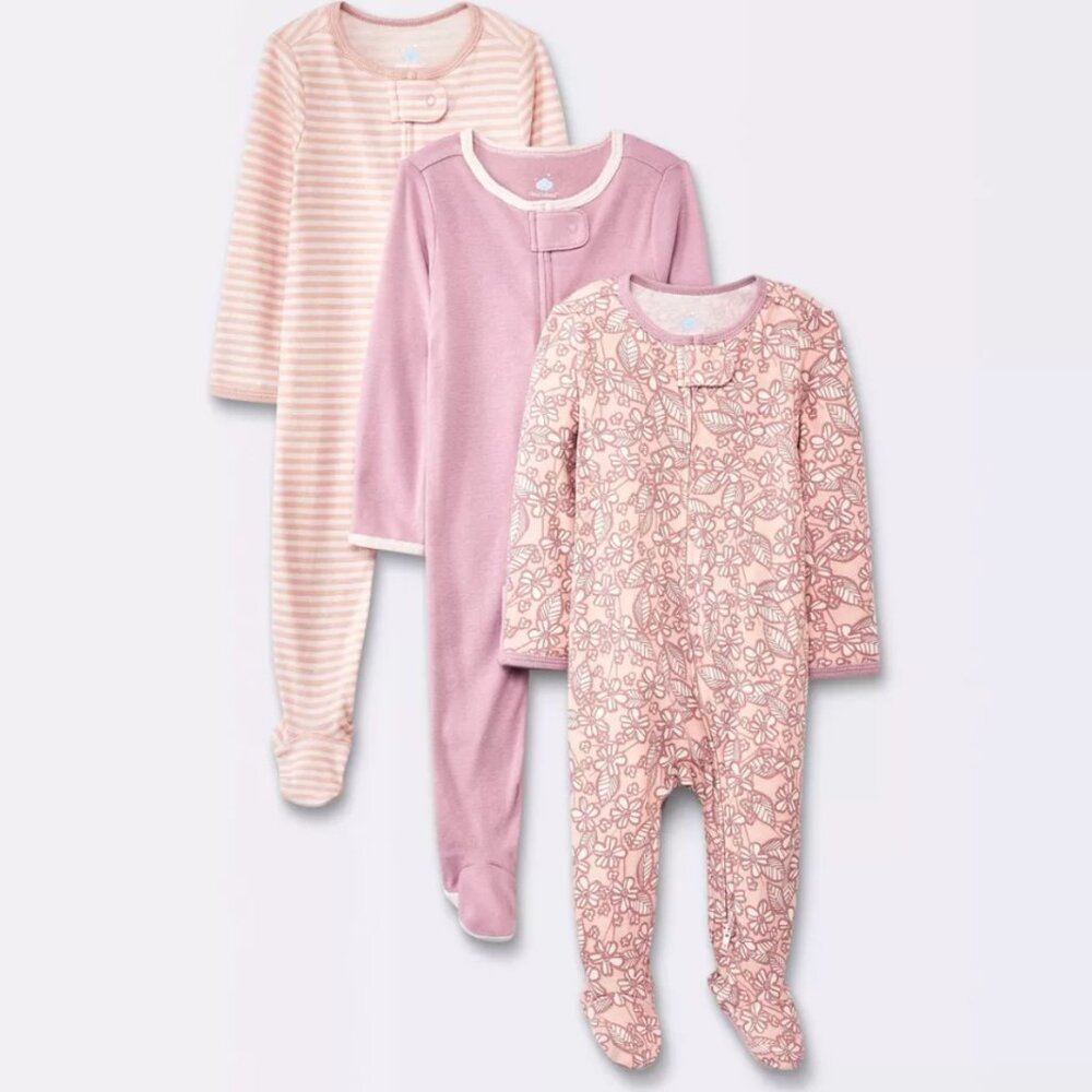 Cloud Island Newborn Girls' 3 pack Floral Cotton Sleep N' Play Footies/Onesie